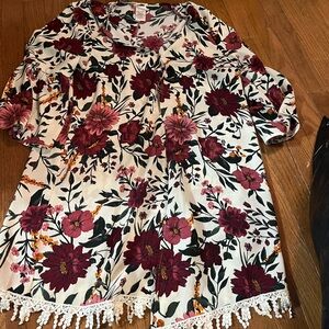 Time and Tru Floral Blouse with Burgundy and White